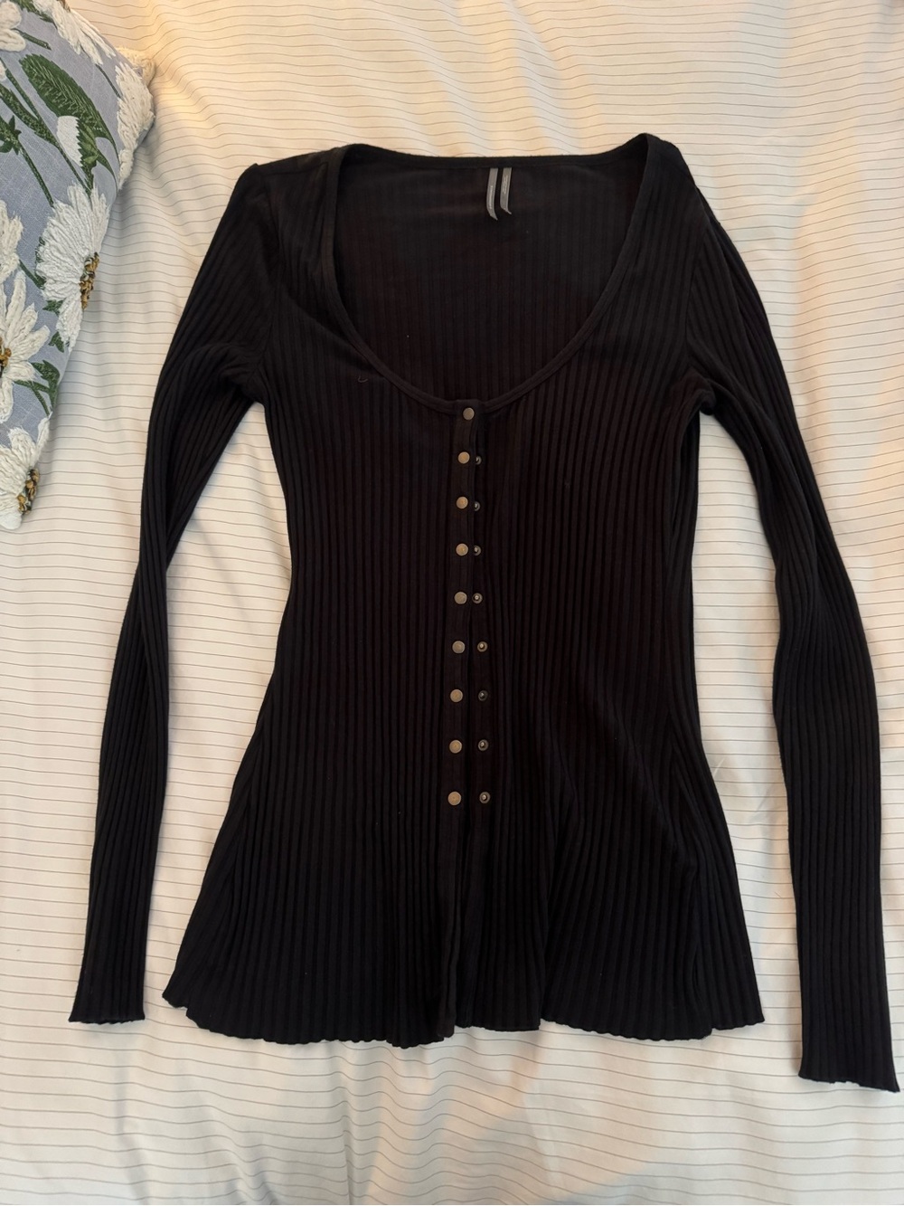 Anthropologie Black Ribbed Long-Sleeve Scoop-Neck Button Front Top